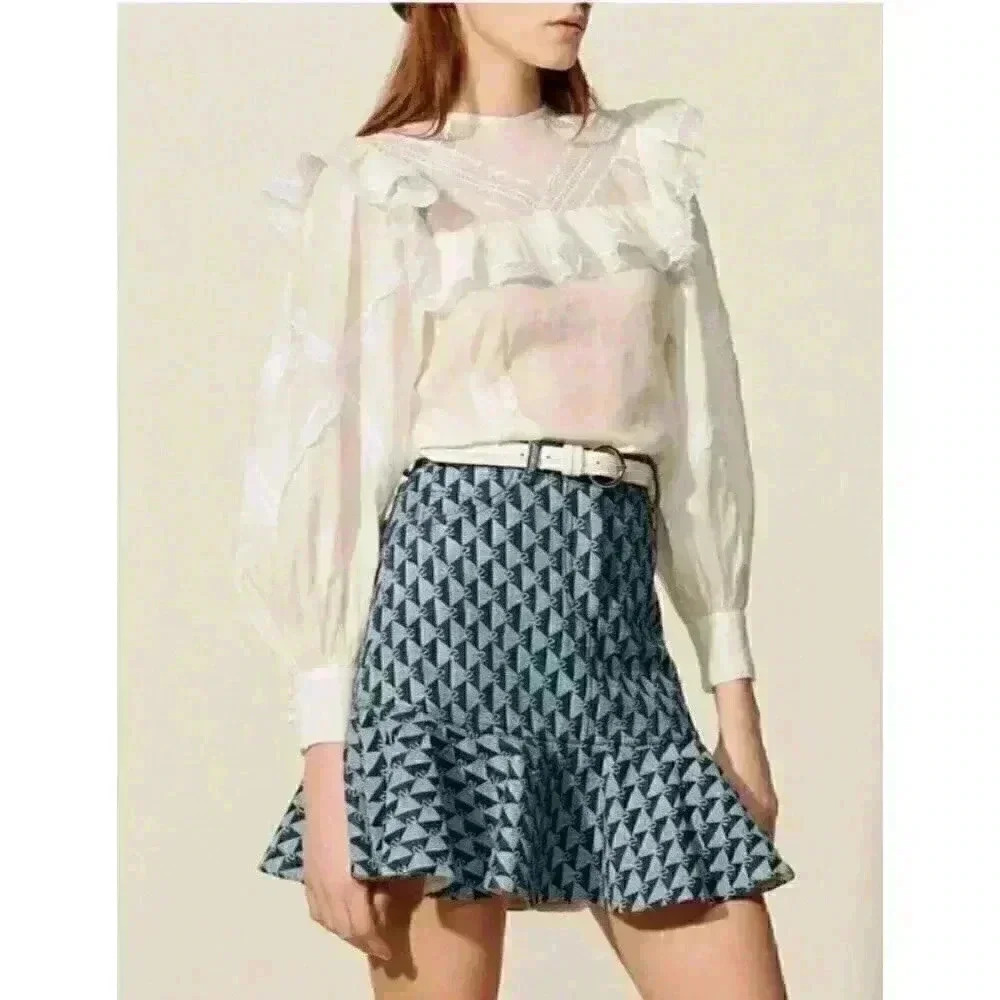 NWT Sandro Women's Blue Navy Logo Ruffle Paulina Mini Skirt Size Small 2 4